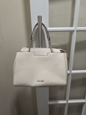 Calvin Klein Off-White Pebbled Leather Crossbody Satchel with Top Handles
